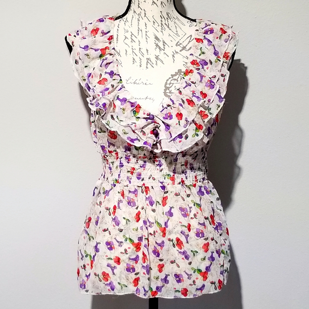 Ruffle Cinched Waist Flower Shirt